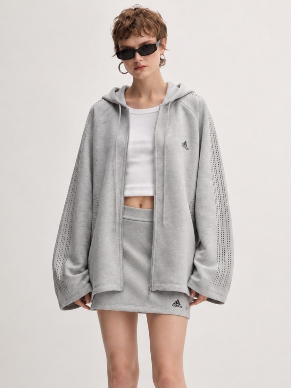 adidas Teamgeist Large Rhinestone Boxy Oversized Track Top Hoodie KD0497 Gray